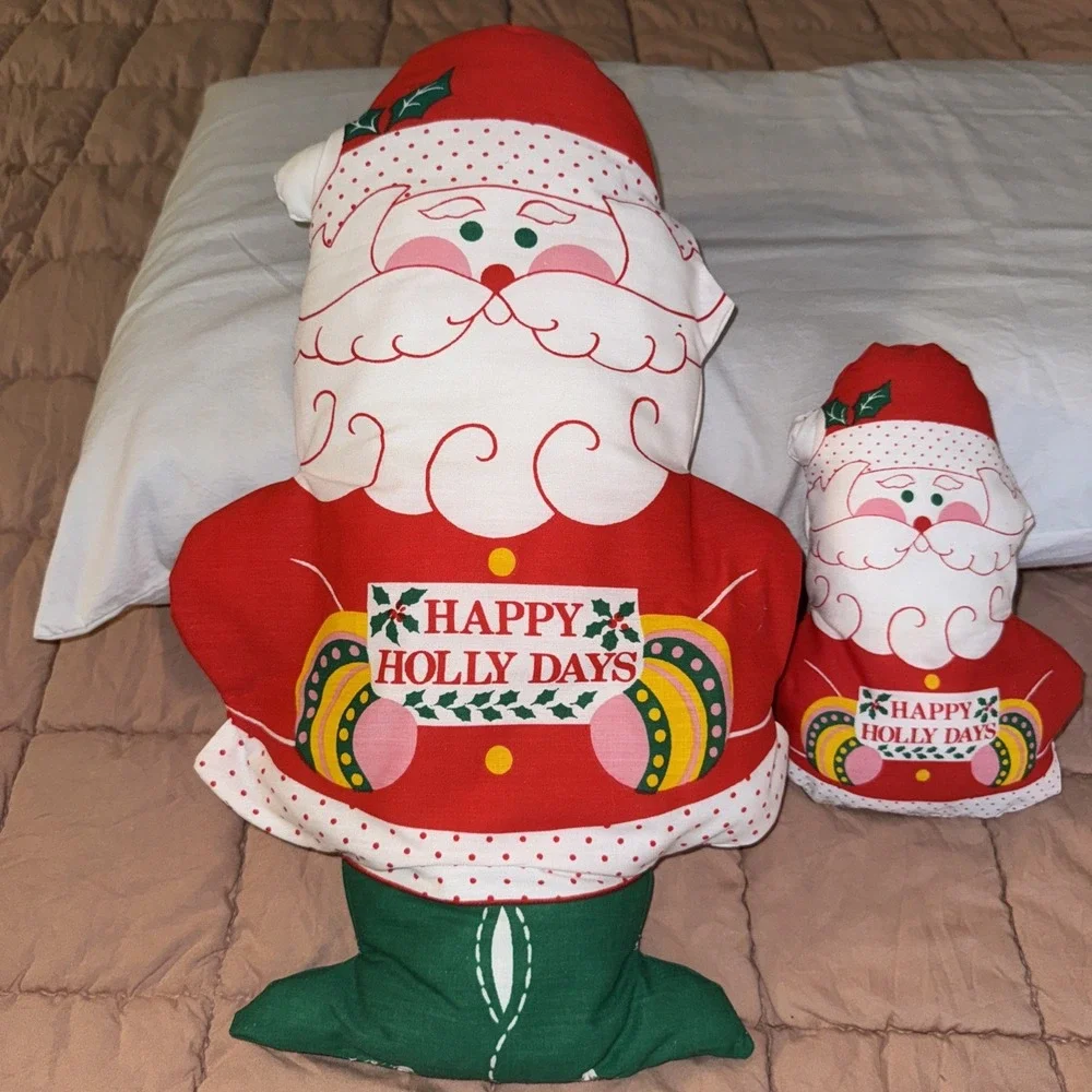 2 Vtg Fabric Handmade Stuffed Santa Pillows For Chair Or Shelf